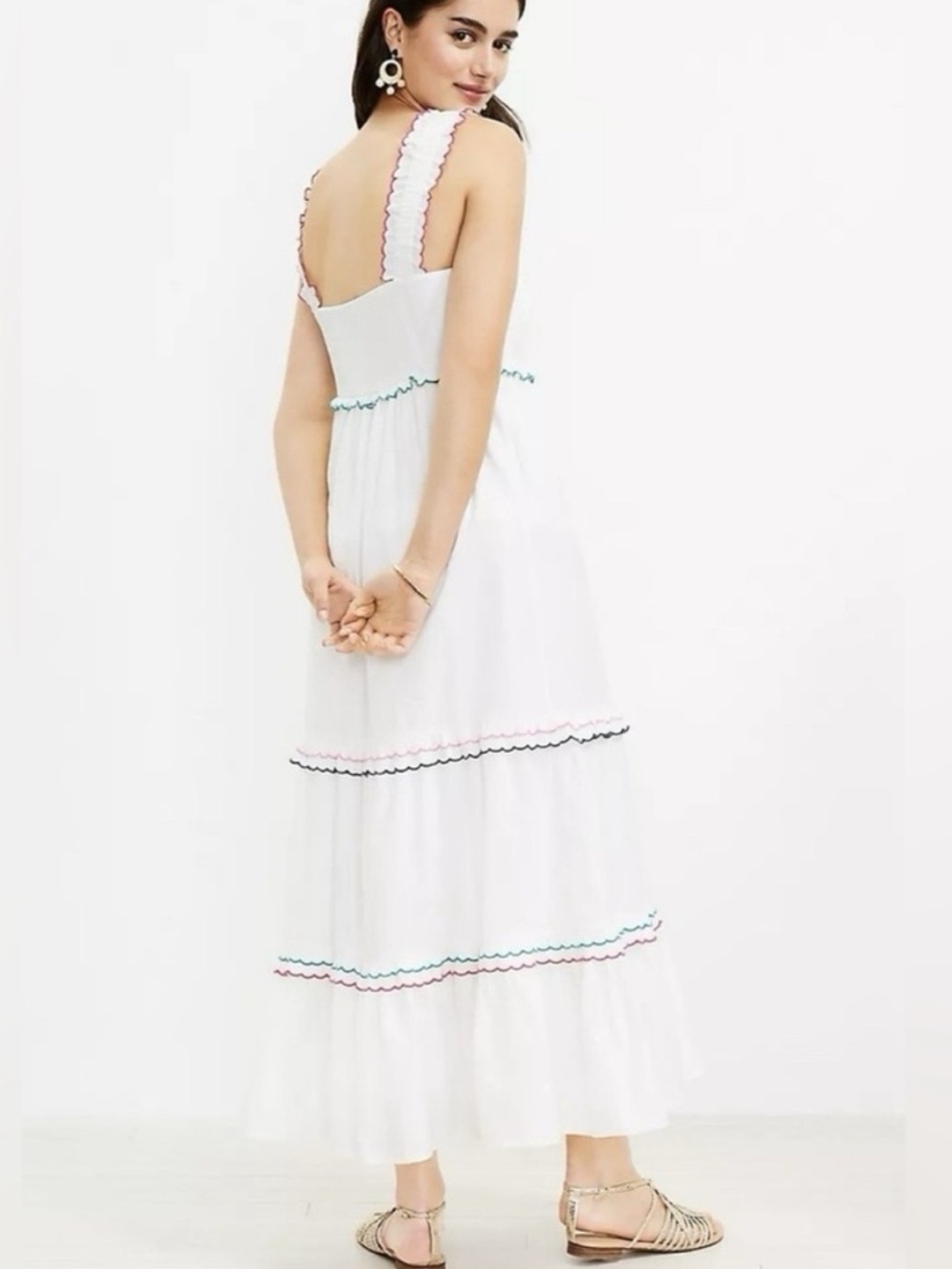 LOFT Rainbow Ruffle Tiered Maxi Dress - White Size Small EUC